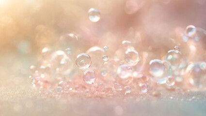 A delicate and ethereal composition with a gentle pastel pink background, whimsical bubbles, and a watercolor-like effect, accompanied by scattered bokeh elements.