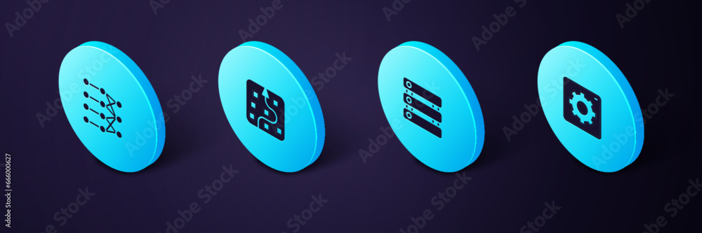  set isometric computer api interface, server, data, neural network and icon. vector