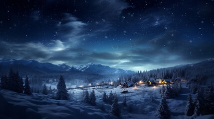 Winter mountain landscape at night with moon - obrazy, fototapety, plakaty