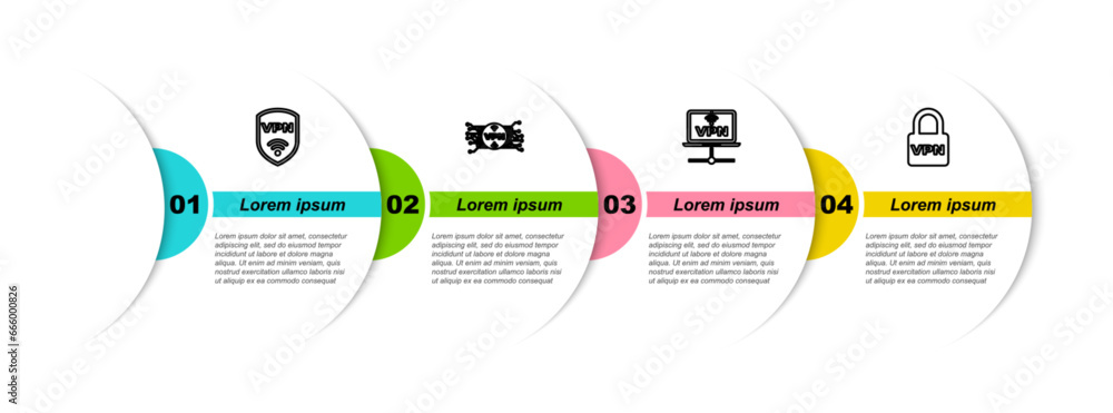 Poster set line shield with vpn wireless, microchip circuit, computer network and lock. business infographi