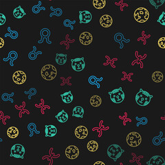 Set line Taurus zodiac, Tiger, Planet Earth and Pisces on seamless pattern. Vector