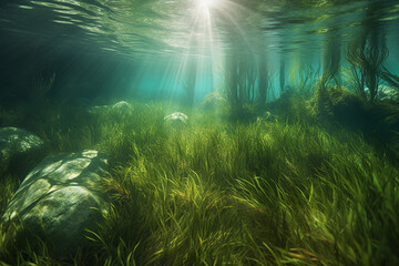 Fototapeta na wymiar Landscape with lake underwater plants