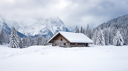 copy space, stockphoto, amazing swiss winter landscape with amazing lot of snow, snow covered pine trees, small typical wooden barn. Beautiful design for a calendar. Winter wonder landscape is Austria