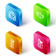 Set Isometric line Earth with medical mask, Medical protective, Liquid antibacterial soap and High human body temperature icon. Vector