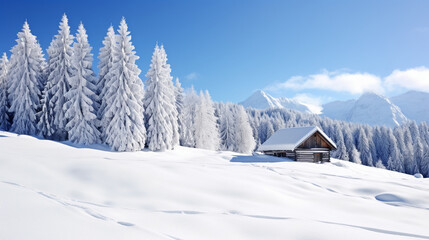 copy space, stockphoto, amazing swiss winter landscape with amazing lot of snow, snow covered pine trees, small typical wooden barn. Beautiful design for a calendar. Winter wonder landscape is Austria