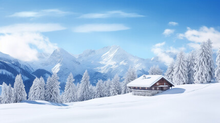 Fototapeta na wymiar copy space, stockphoto, amazing swiss winter landscape with amazing lot of snow, snow covered pine trees, small typical wooden barn. Beautiful design for a calendar. Winter wonder landscape is Austria