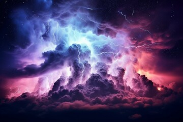 Ethereal fluorescent lightning illuminates the mysterious night sky. Generative AI - obrazy, fototapety, plakaty