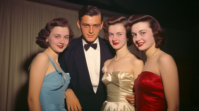 young friends at prom formal party, vintage photo in front of gold curtain 1940, 1950