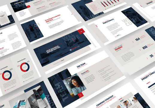 Business Presentation Slide Deck Layout with Blue and Red Accents