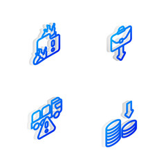 Set Isometric line Briefcase, Fire in burning house, Stop delivery cargo truck and Dollar rate decrease icon. Vector