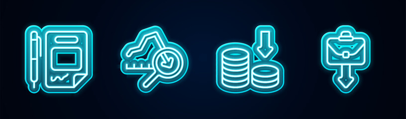 Set line Contract money and pen, Global economic crisis, Dollar rate decrease and Briefcase. Glowing neon icon. Vector