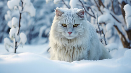 Naklejka na ściany i meble White cat in snow.