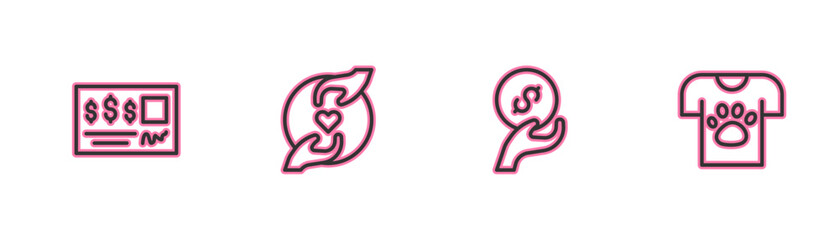 Set line Bank check, Donation and charity, Pleasant relationship and Animal volunteer icon. Vector