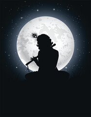 Janmashtami festival silhouette vector with Lord Krishna playing flute in moon light vector illustration background, banner, card design, poster, digital post
