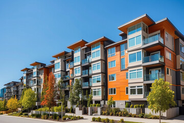 Obraz premium New Modern Apartment Buildings in Vancouver BC. Canadian modern residential architecture on sunny summer day ai generative