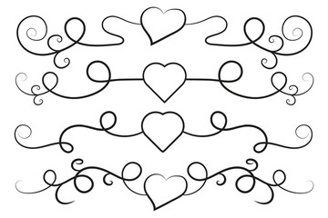 Filigree curly Calligraphic Heart, Fancy Line Flourishes Swirls hearts, curve romantic love separator, Valentines Day divider flourish Swirl, Calligraphy Flourish lettering header hearts scroll 