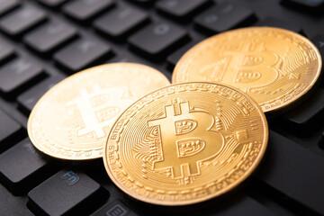 Closeup of bitcoin on computer