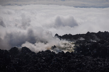 Beautiful Kamchatka volcanic landscape: Avachinsky Volcano - active volcano of Kamchatka Peninsula. View of the fumarolic activity of volcano, steam and gas emissions from crater. Russia, Far East.