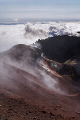 Beautiful Kamchatka volcanic landscape: Avachinsky Volcano - active volcano of Kamchatka Peninsula. View of the fumarolic activity of volcano, steam and gas emissions from crater. Russia, Far East.