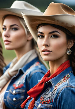 beautiful cowgirls in a row. close up portrait illustration. generative ai