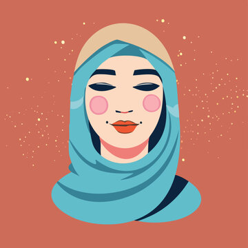 portrait of a woman - Beautifiul Hijab Muslim women girl face head flat minimal illustration