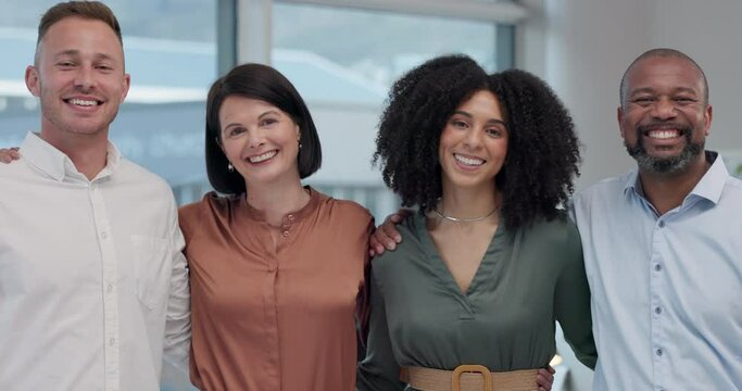 Happy, face and team of business people in the office in collaboration with confidence together. Diversity, happiness and portrait of professional creative designers standing for bonding in workplace