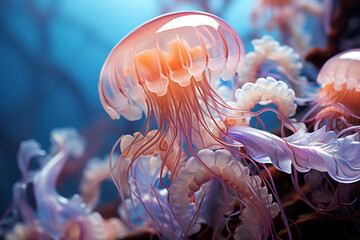 Closeup of jellyfish in pastel colors floating underwater 