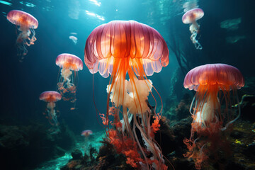 Group of beautiful jellyfish floating underwater 