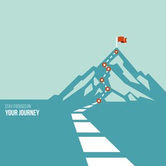 journey concept vector illustration of a mountain with path and a flag at the top, route to mountain peak, business journey and planning concept.