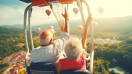 A couple of elderly friends enjoy the view from the top of a Ferris wheel - obrazy, fototapety, plakaty