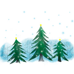 クリスマスツリーのイラスト、キラキラ輝く雪のクリスマスツリーのイラスト
