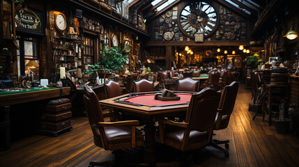 A men's club inspired by the Wild West, complete with rustic decor, poker tables, and a saloon-style bar