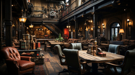 A men's club inspired by the Wild West, complete with rustic decor, poker tables, and a saloon-style bar - obrazy, fototapety, plakaty