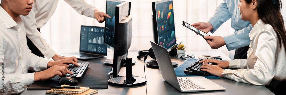 Poster analyst working on data analysis or bi dashboard on computer monitor. business team analyzing financ