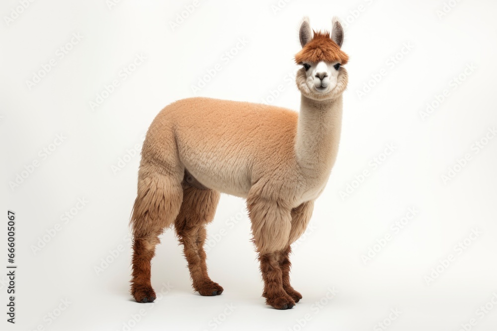 Wall mural A fluffy alpaca posing elegantly against a clean white backdrop created with Generative AI technology