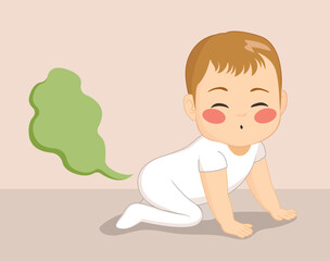 Vector illustration of cute little baby having gas farting vector. Cartoon funny child wearing white outfit having toot flatulence - obrazy, fototapety, plakaty