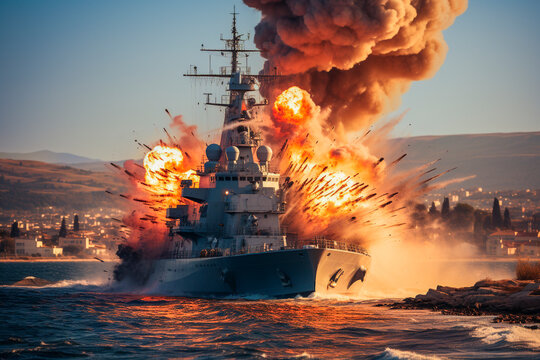military destroyer being attacked by exploding missiles