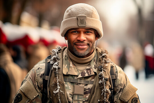 soldier in cheerful tone at Christmas, Christmas market background