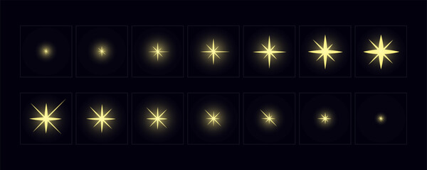 Shine light FX animation frame. Shine effect sprite sheet for video games, cartoon, advertising video and motion design. Hand drawn vector animation.