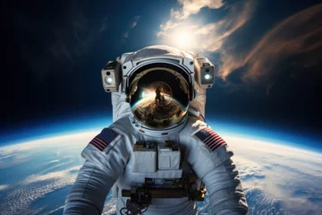 Foto op Canvas Portrait of astronaut in deep outer space spacewalking, Earth background. Close up details © aboutmomentsimages