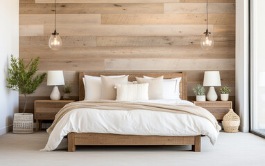 interior of bedroom , Bed with barn wood headboard and rustic bedside cabinet. Farmhouse interior design of modern bedroom , Interior Design Background. - obrazy, fototapety, plakaty