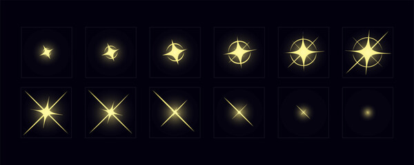 Shine light FX animation frame. Shine effect sprite sheet for video games, cartoon, advertising video and motion design. Hand drawn vector animation.