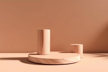 Wooden cylinder pedestal product display stand or podium for cosmetic nature skin care on beige background