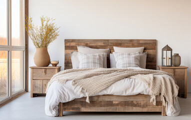 interior of bedroom , Bed with barn wood headboard and rustic bedside cabinet. Farmhouse interior design of modern bedroom , Interior Design Background.