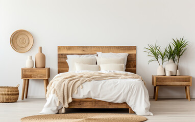 Fototapeta na wymiar interior of bedroom , Bed with barn wood headboard and rustic bedside cabinet. Farmhouse interior design of modern bedroom , Interior Design Background.