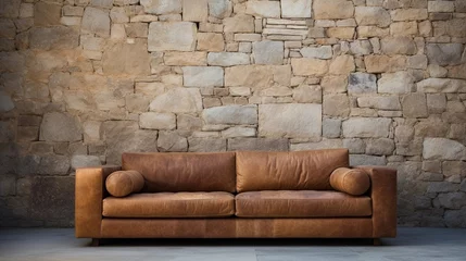 Fotobehang Leather beige sofa on the background of a stone wall, stylish furniture, interior design © PhotoHunter