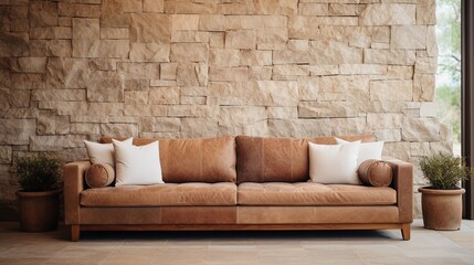 Brown leather sofa in room with stone walls, modern room decor, furniture design