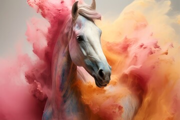 Watercolor horse painting, abstract drawing of a running paint splashed horse