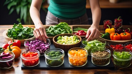 Woman preparing a healthy dish with fresh fruits and vegetables at home representing a healthy lifestyle and diet