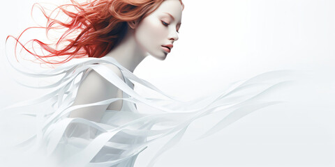 Fototapeta premium attractive woman with red hair in front of a white abstract background with copy space